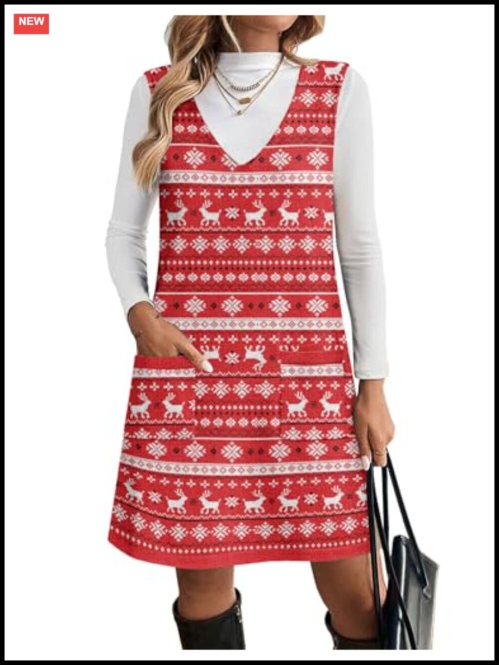 Sleeveless Knit Sweater Vest Dress V-Neck Pullover with Pockets